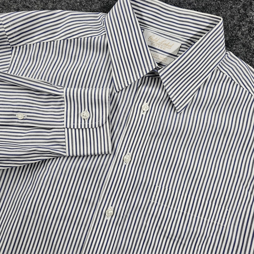 Roundtree &‎ Yorke Gold Label Fitted 15.5 32 Blue Gray White Striped Dress Shirt